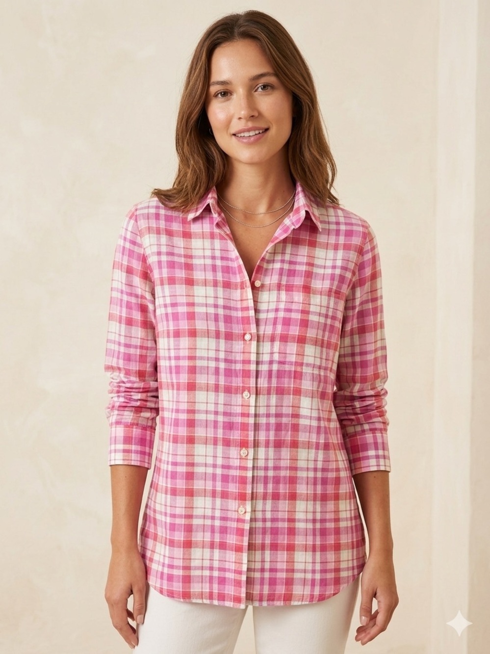J.Crew Summer Plaid Button Down Boy Shirt Pink White Long Sleeve Classic Size 0
